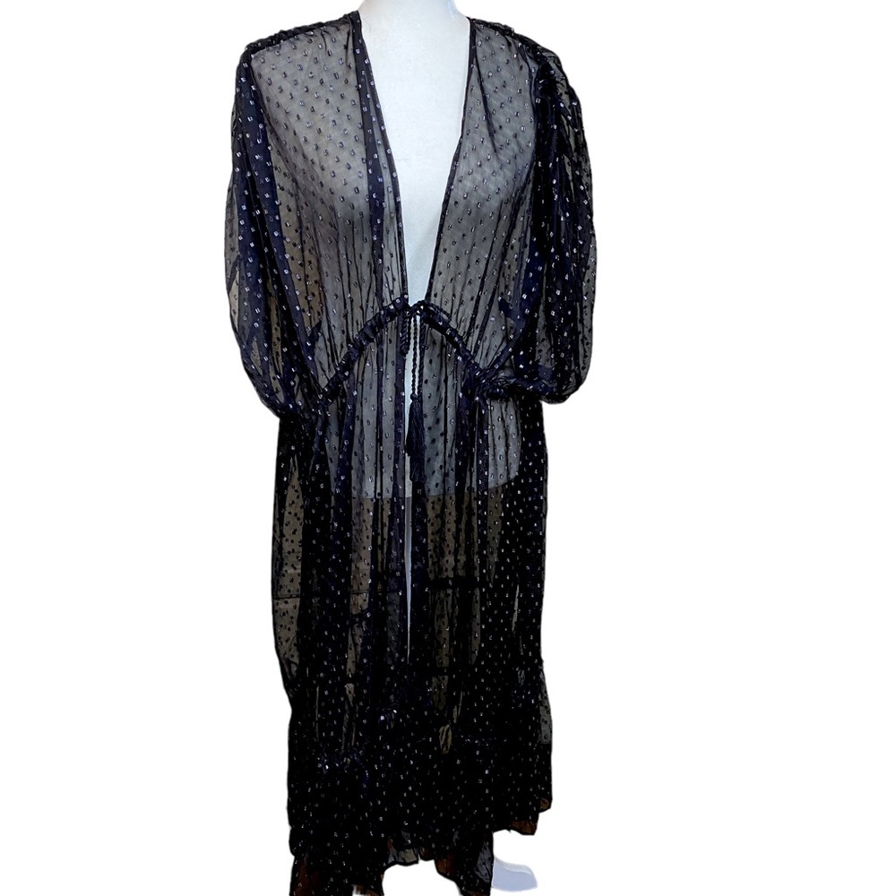 VINCE CAMUTO Sheer Ruffled Duster Black Silver Swim Coverup NWT